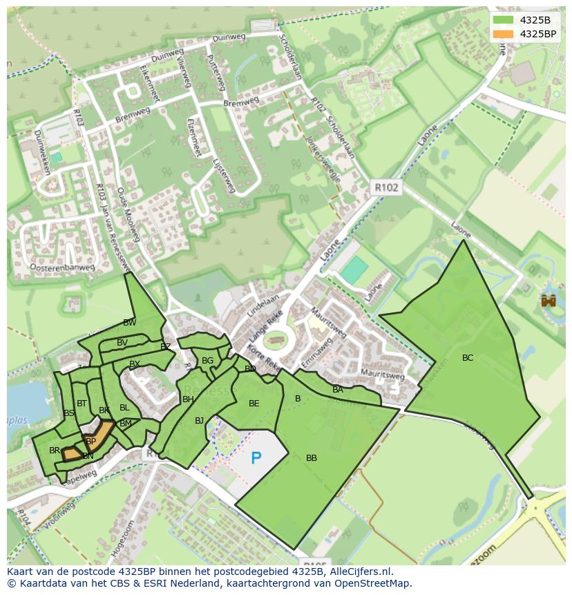 Afbeelding van het postcodegebied 4325 BP op de kaart.