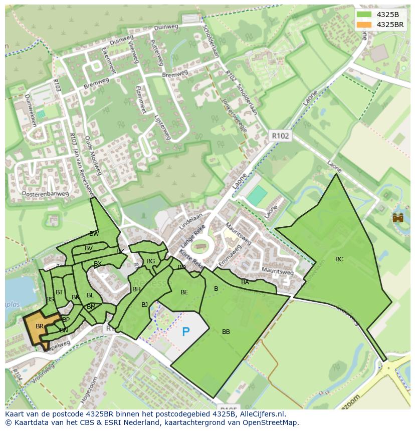 Afbeelding van het postcodegebied 4325 BR op de kaart.