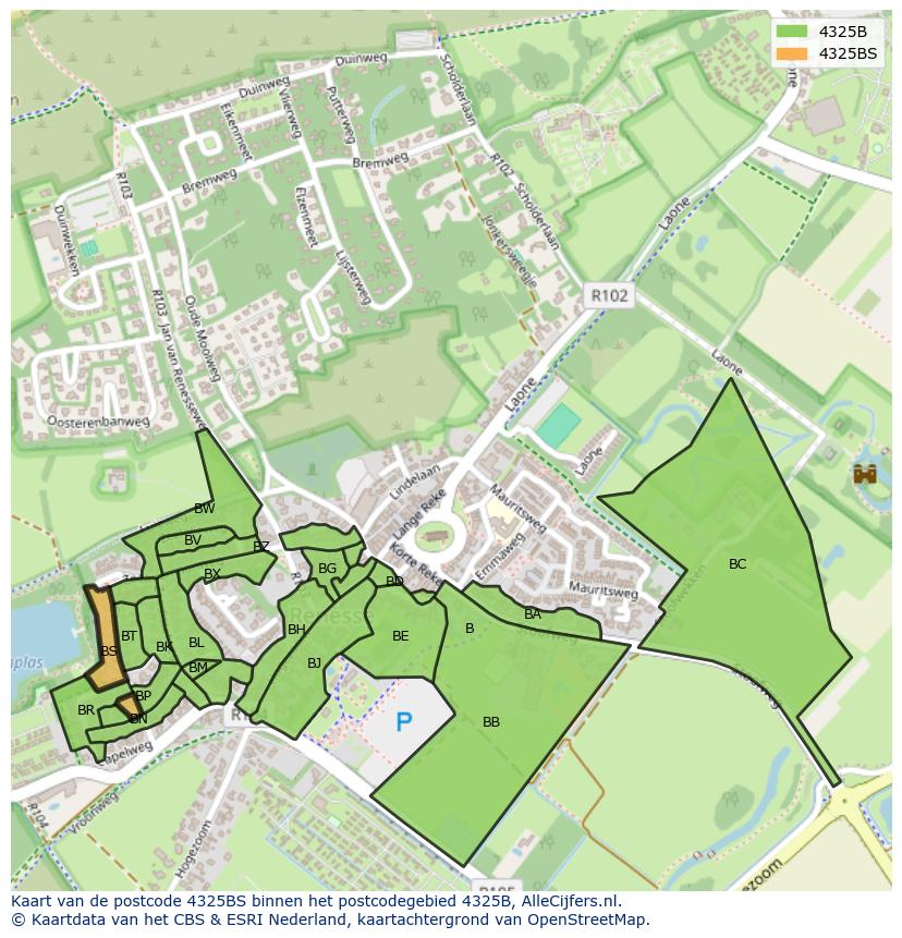 Afbeelding van het postcodegebied 4325 BS op de kaart.