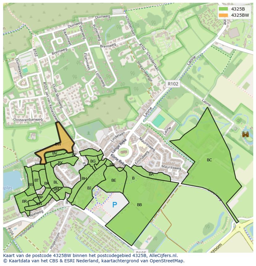 Afbeelding van het postcodegebied 4325 BW op de kaart.