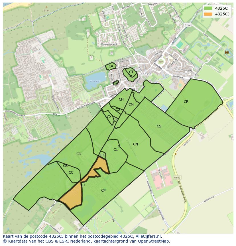 Afbeelding van het postcodegebied 4325 CJ op de kaart.