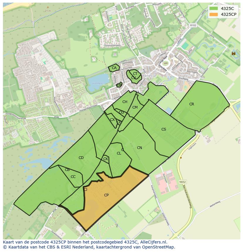 Afbeelding van het postcodegebied 4325 CP op de kaart.