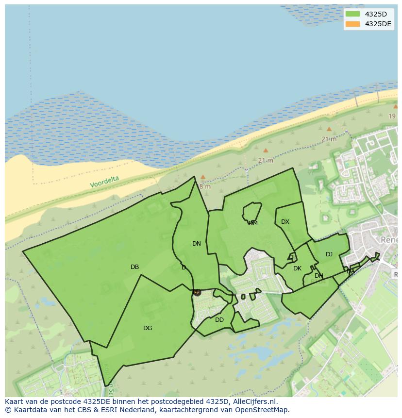 Afbeelding van het postcodegebied 4325 DE op de kaart.