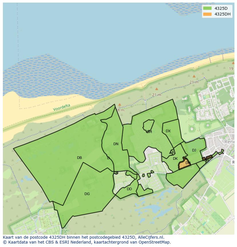 Afbeelding van het postcodegebied 4325 DH op de kaart.