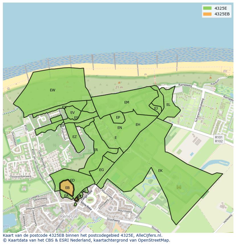 Afbeelding van het postcodegebied 4325 EB op de kaart.