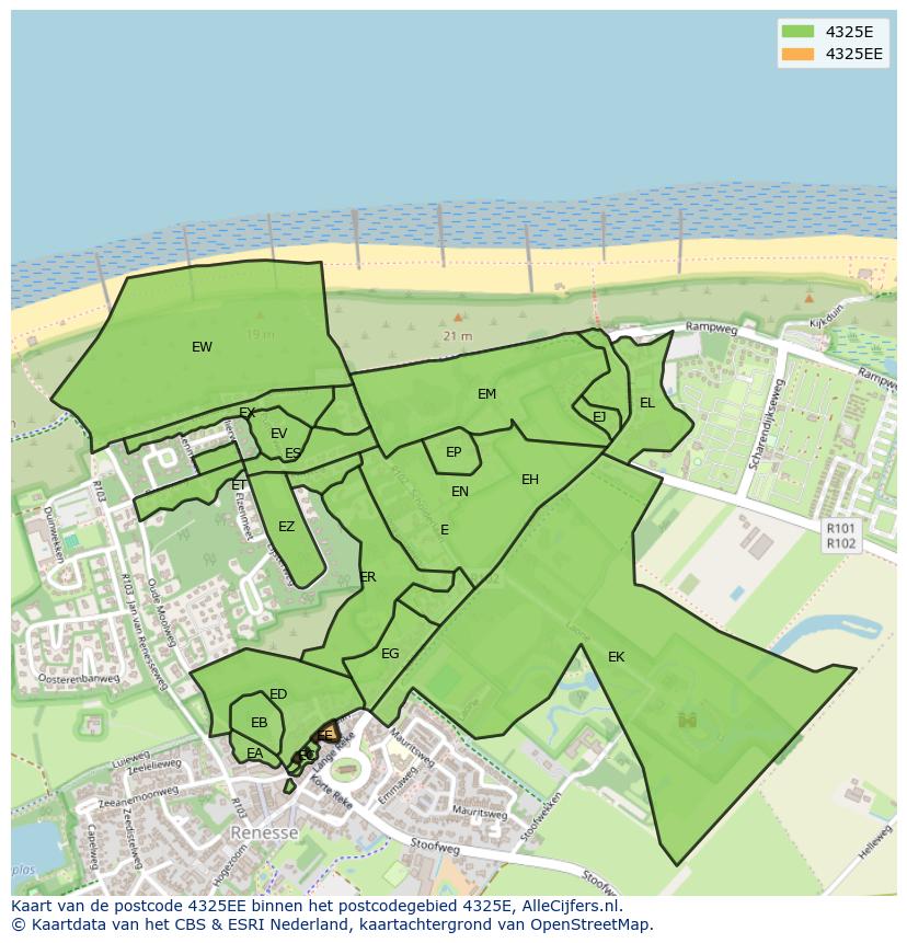 Afbeelding van het postcodegebied 4325 EE op de kaart.