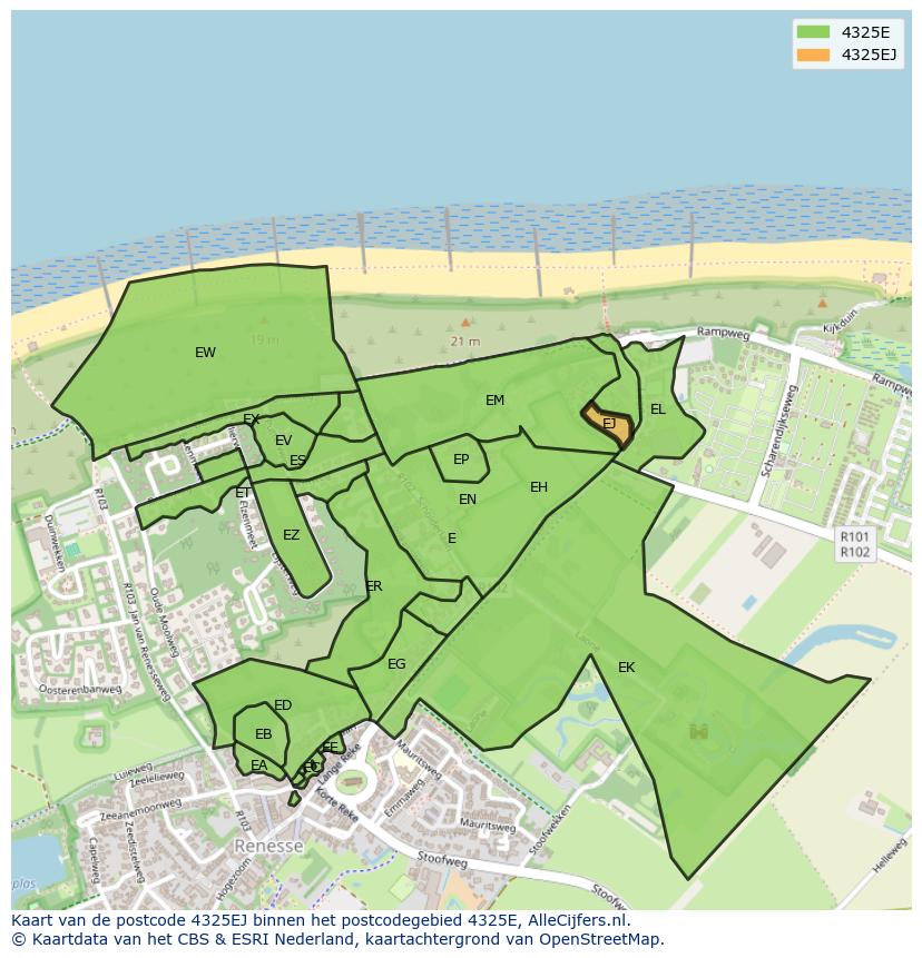 Afbeelding van het postcodegebied 4325 EJ op de kaart.