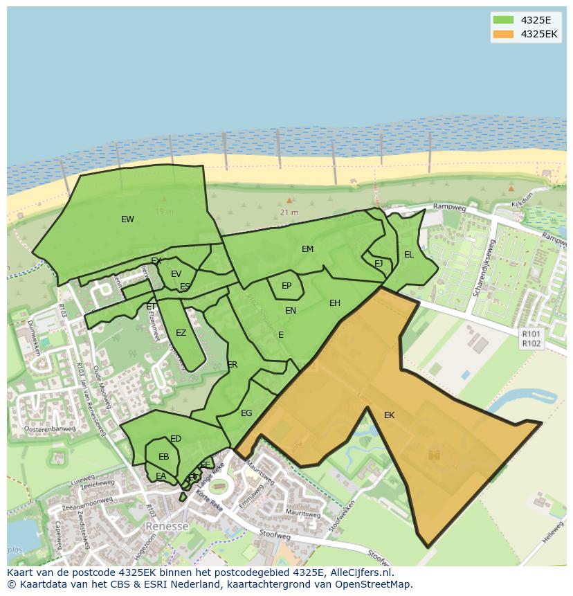 Afbeelding van het postcodegebied 4325 EK op de kaart.