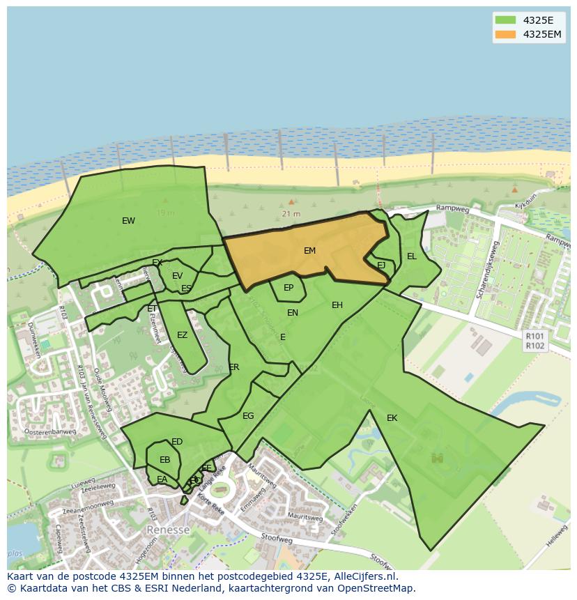 Afbeelding van het postcodegebied 4325 EM op de kaart.