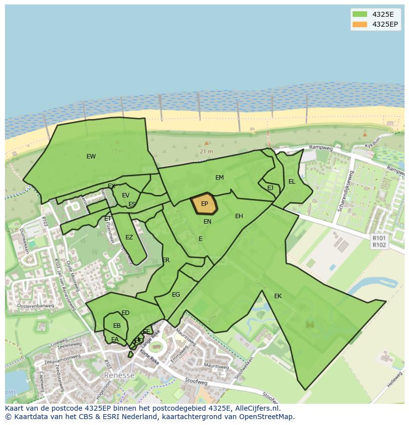 Afbeelding van het postcodegebied 4325 EP op de kaart.