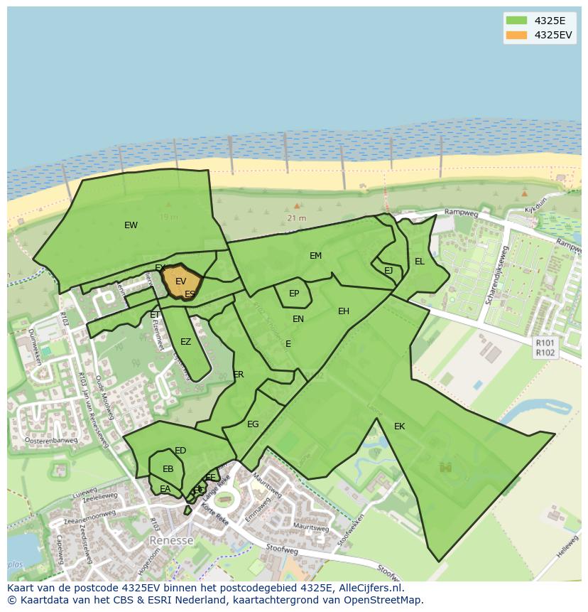 Afbeelding van het postcodegebied 4325 EV op de kaart.