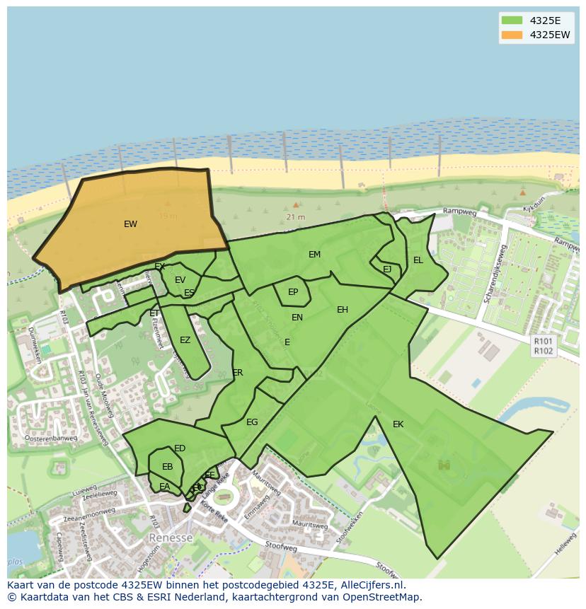 Afbeelding van het postcodegebied 4325 EW op de kaart.