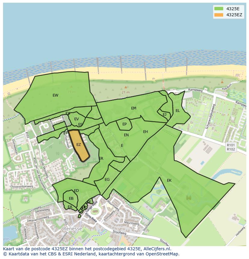 Afbeelding van het postcodegebied 4325 EZ op de kaart.