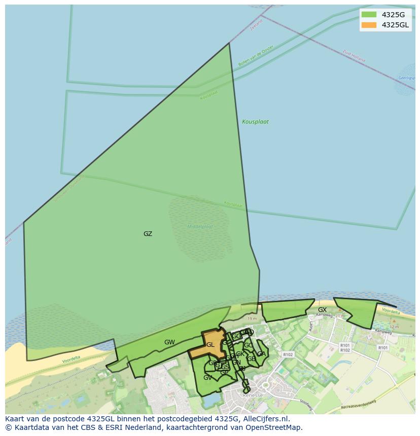 Afbeelding van het postcodegebied 4325 GL op de kaart.