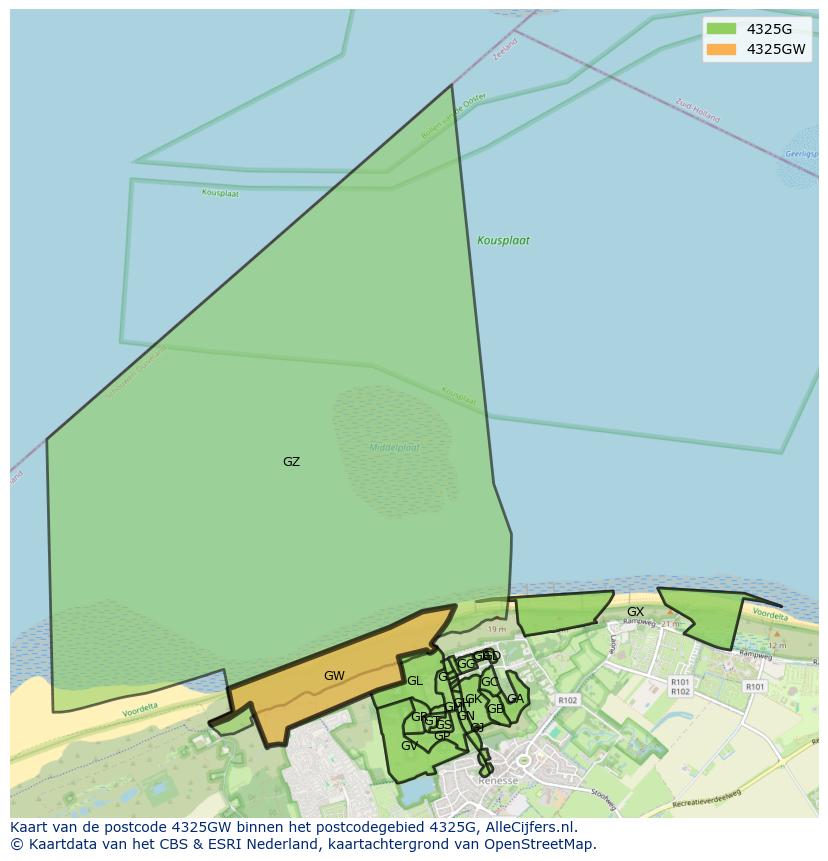 Afbeelding van het postcodegebied 4325 GW op de kaart.