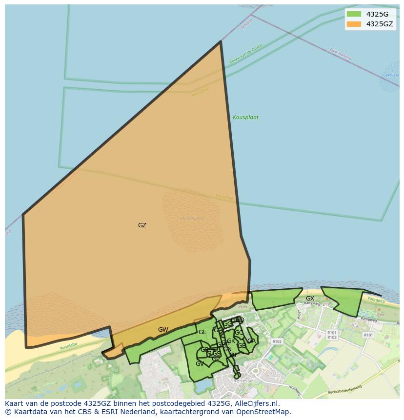 Afbeelding van het postcodegebied 4325 GZ op de kaart.