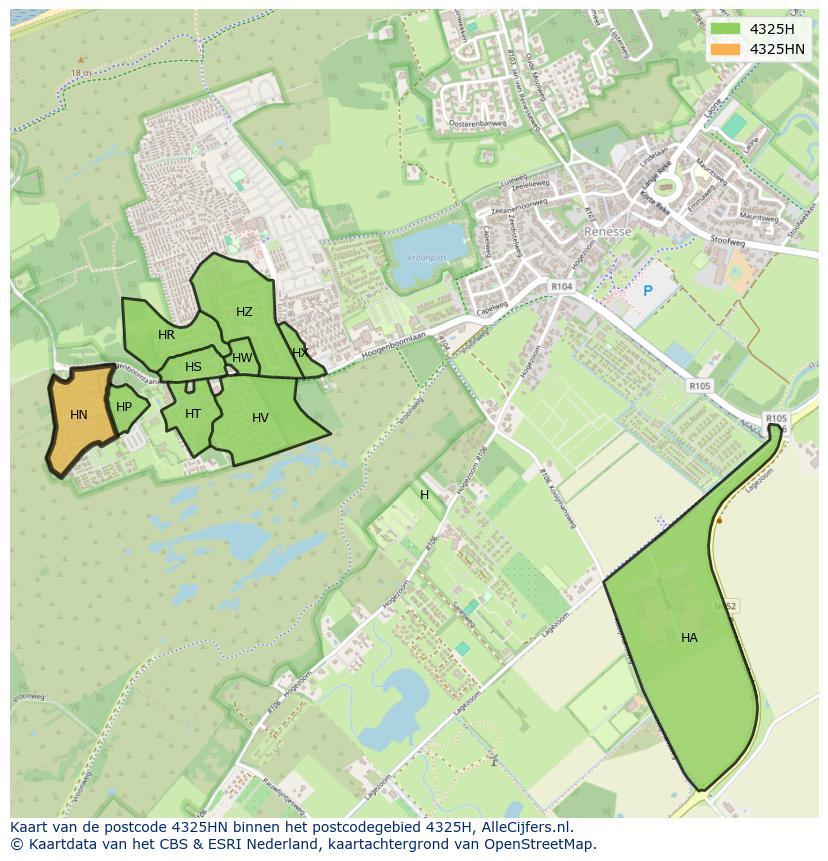 Afbeelding van het postcodegebied 4325 HN op de kaart.