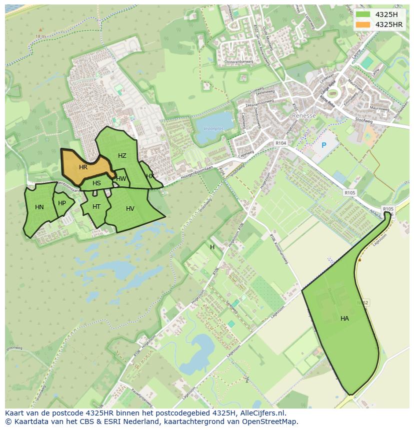 Afbeelding van het postcodegebied 4325 HR op de kaart.