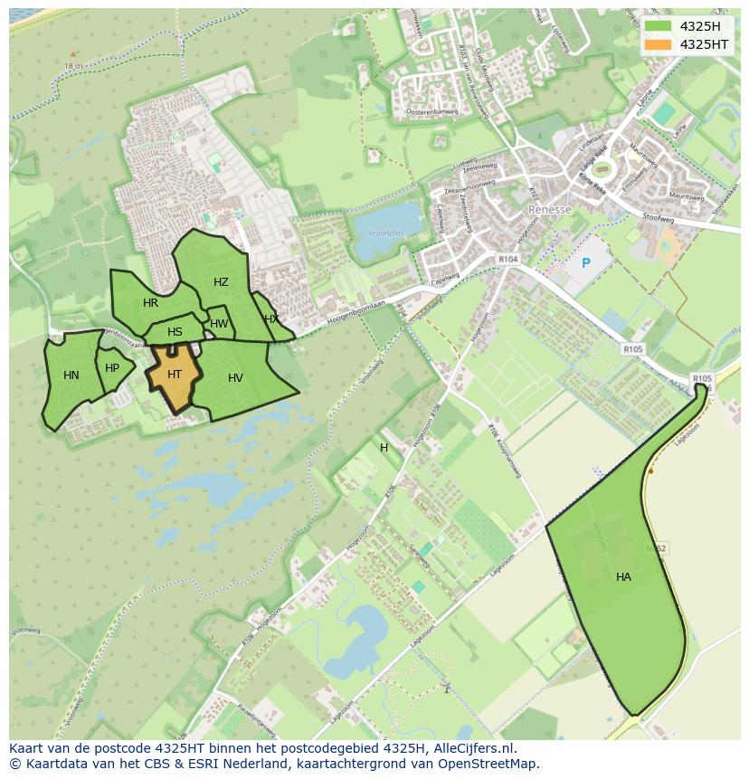 Afbeelding van het postcodegebied 4325 HT op de kaart.
