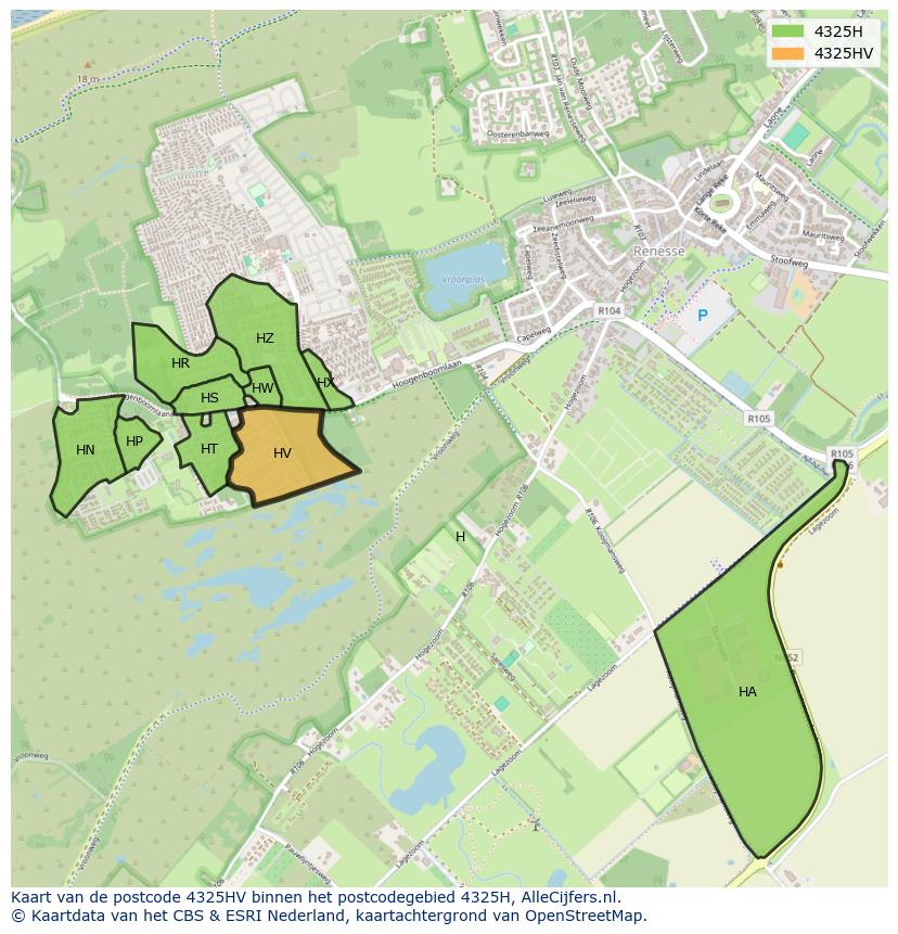 Afbeelding van het postcodegebied 4325 HV op de kaart.