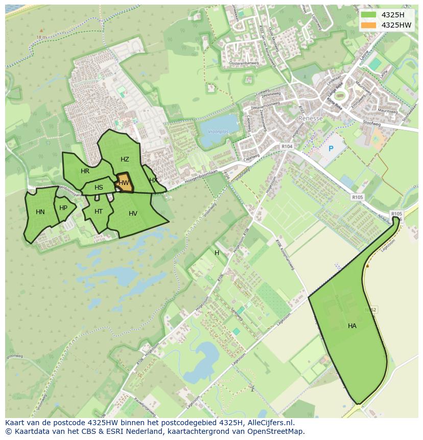 Afbeelding van het postcodegebied 4325 HW op de kaart.