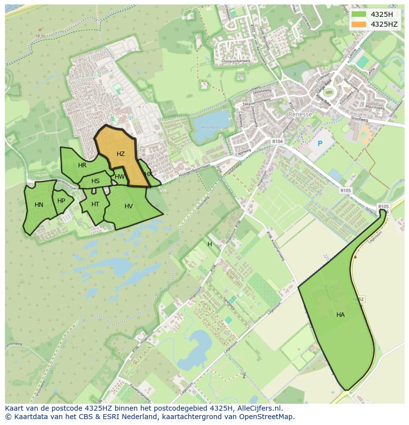 Afbeelding van het postcodegebied 4325 HZ op de kaart.