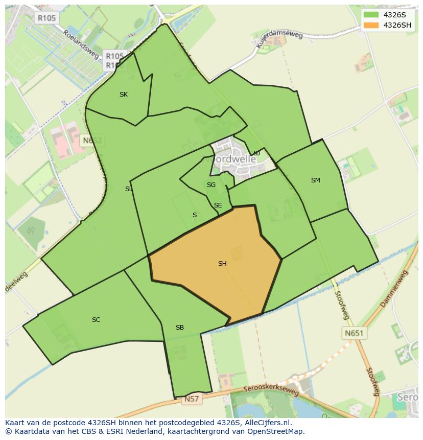 Afbeelding van het postcodegebied 4326 SH op de kaart.