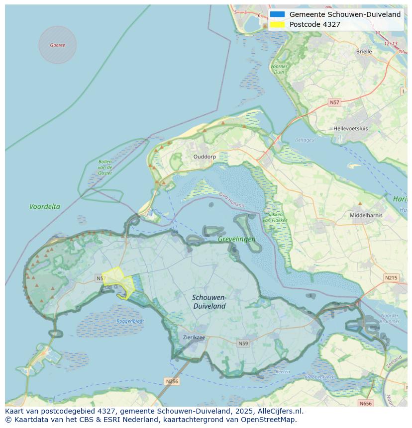 Afbeelding van het postcodegebied 4327 op de kaart.