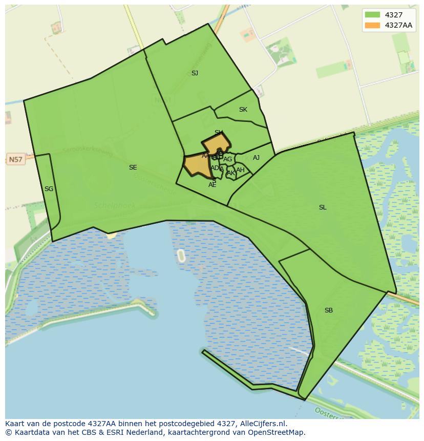 Afbeelding van het postcodegebied 4327 AA op de kaart.