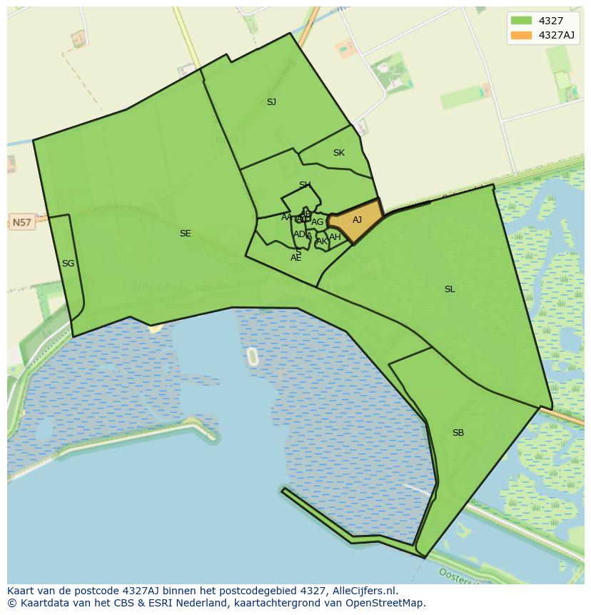 Afbeelding van het postcodegebied 4327 AJ op de kaart.