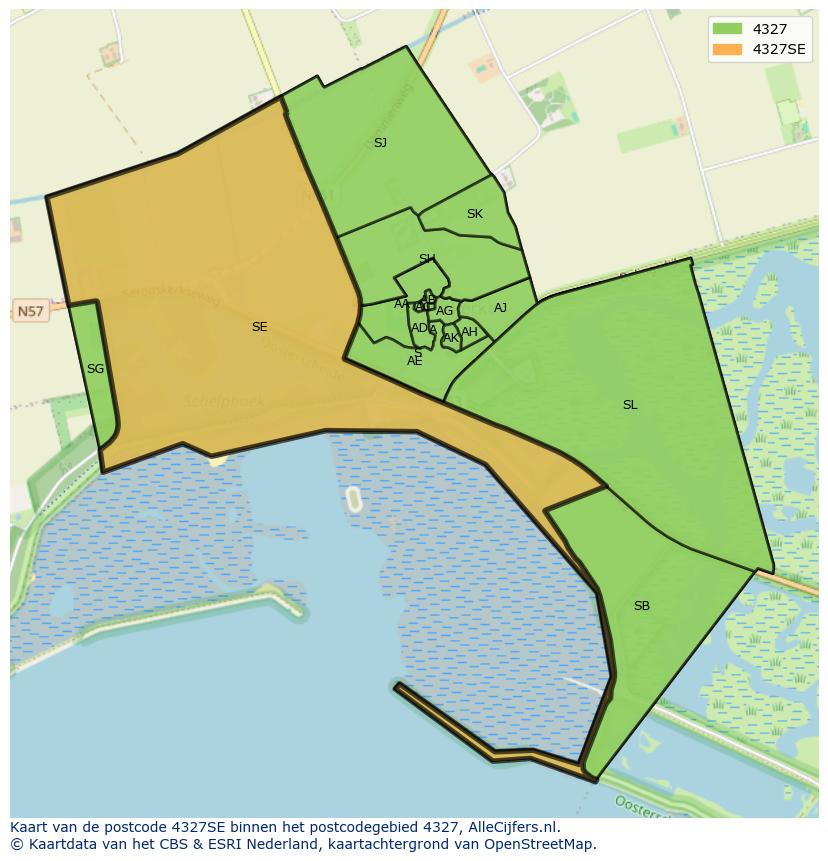 Afbeelding van het postcodegebied 4327 SE op de kaart.