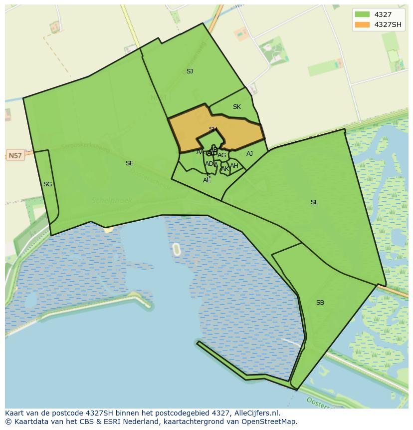 Afbeelding van het postcodegebied 4327 SH op de kaart.