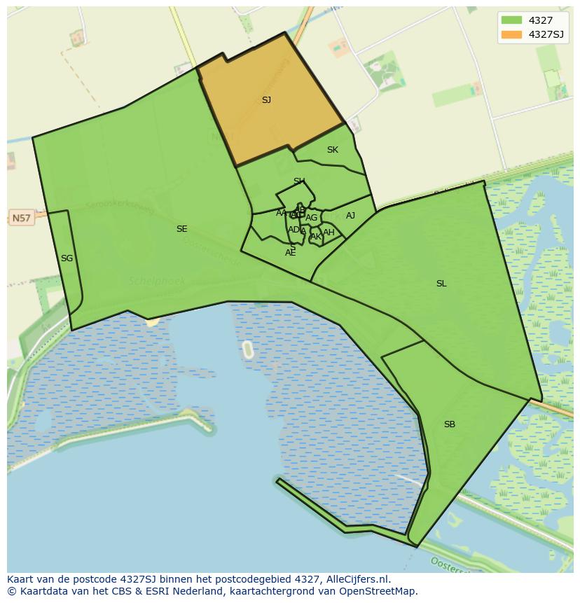 Afbeelding van het postcodegebied 4327 SJ op de kaart.