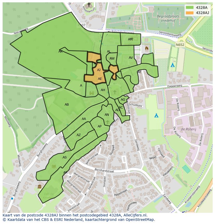 Afbeelding van het postcodegebied 4328 AJ op de kaart.
