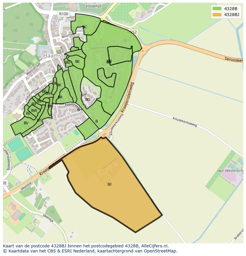 Afbeelding van het postcodegebied 4328 BJ op de kaart.