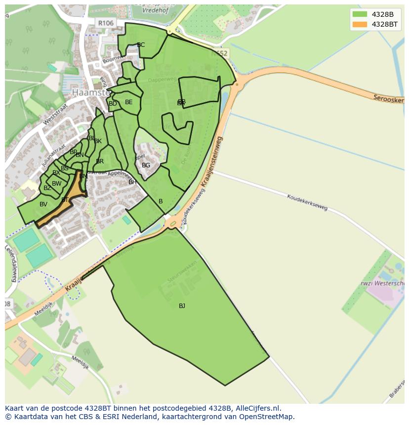 Afbeelding van het postcodegebied 4328 BT op de kaart.