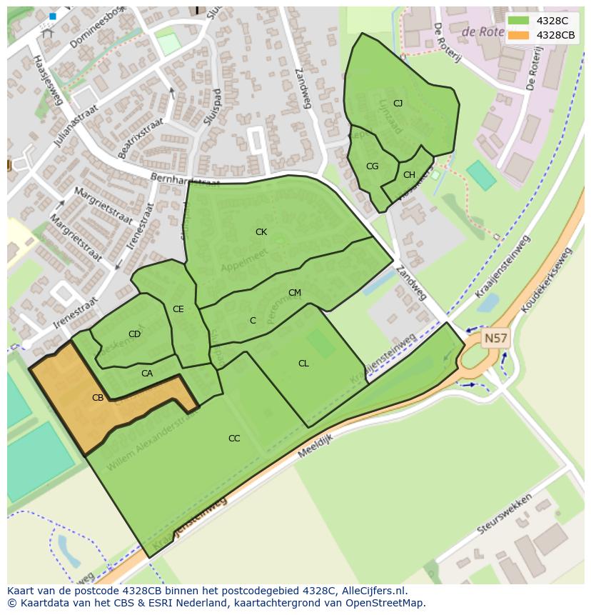 Afbeelding van het postcodegebied 4328 CB op de kaart.