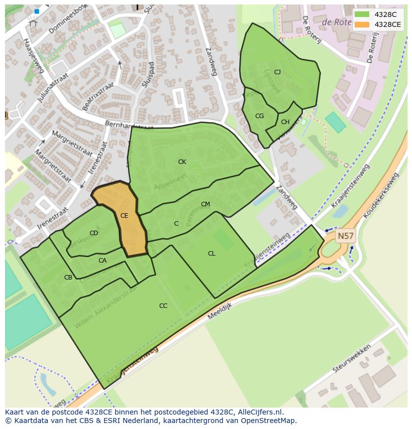 Afbeelding van het postcodegebied 4328 CE op de kaart.