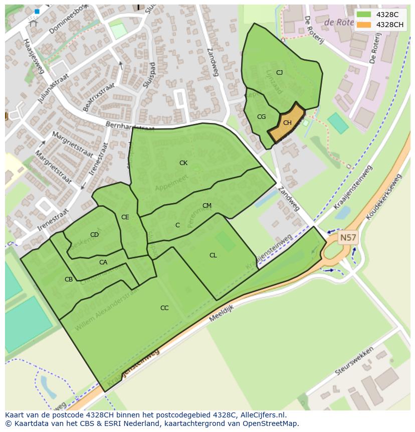 Afbeelding van het postcodegebied 4328 CH op de kaart.