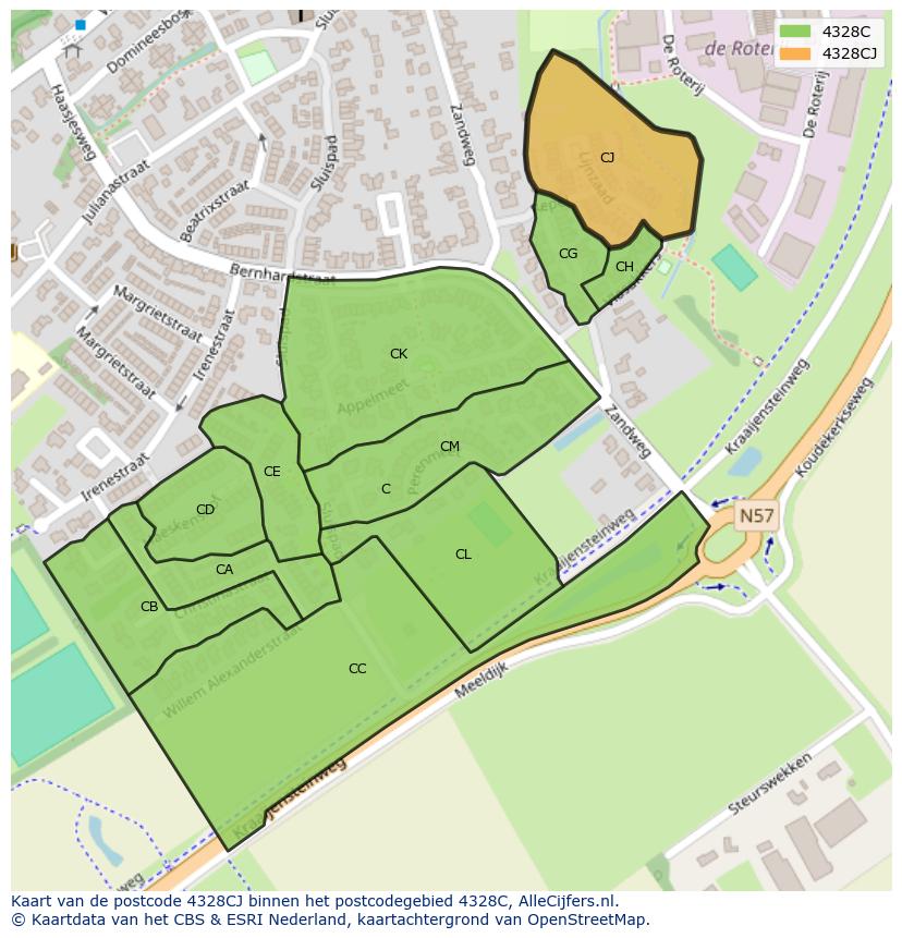 Afbeelding van het postcodegebied 4328 CJ op de kaart.
