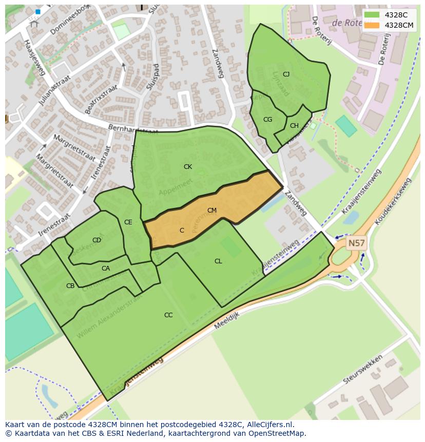 Afbeelding van het postcodegebied 4328 CM op de kaart.