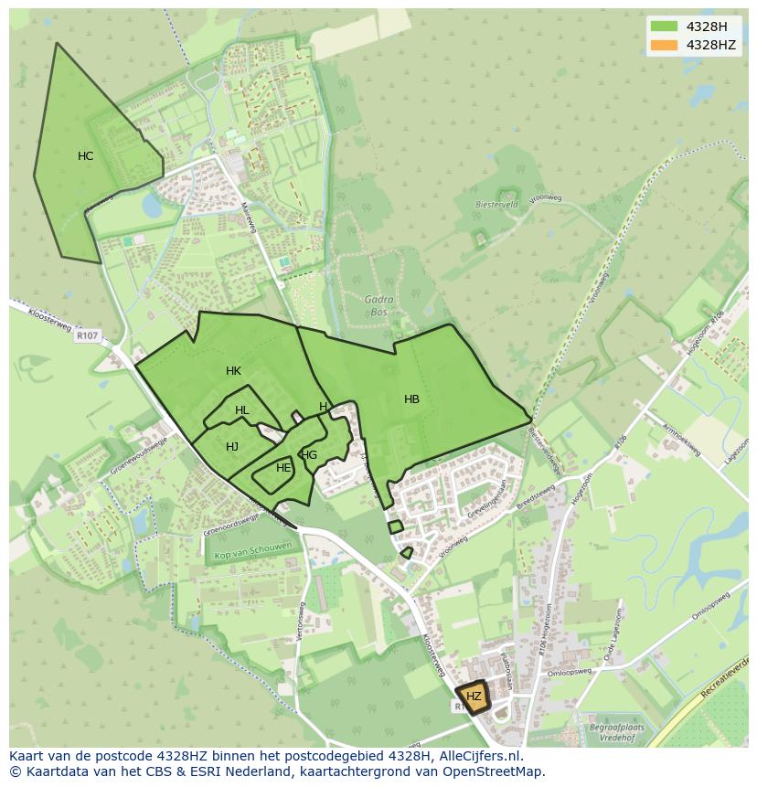 Afbeelding van het postcodegebied 4328 HZ op de kaart.