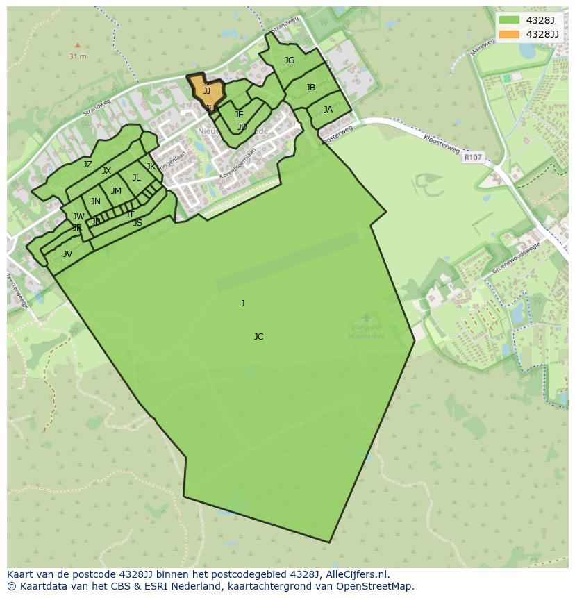 Afbeelding van het postcodegebied 4328 JJ op de kaart.