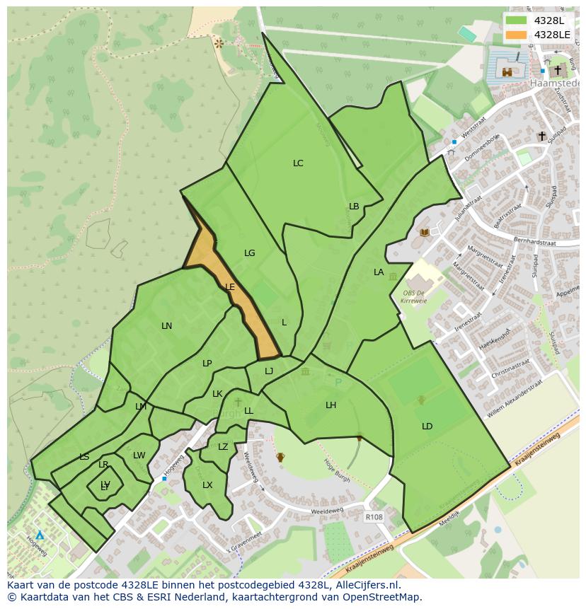 Afbeelding van het postcodegebied 4328 LE op de kaart.