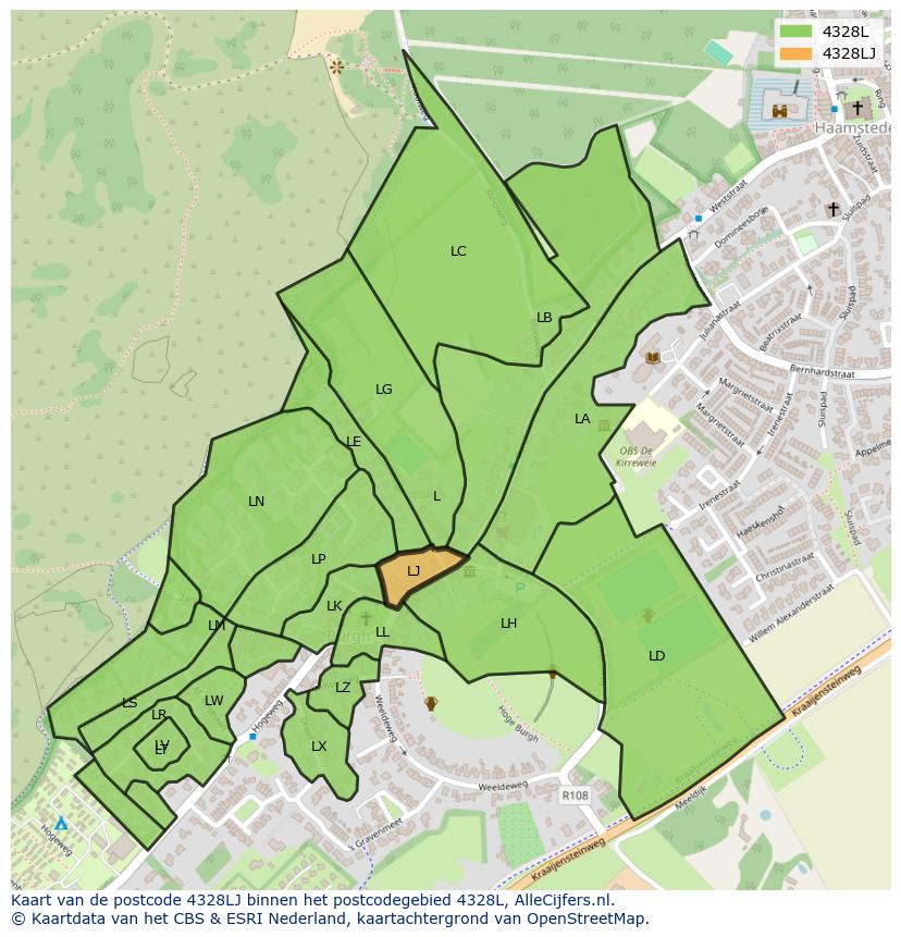 Afbeelding van het postcodegebied 4328 LJ op de kaart.