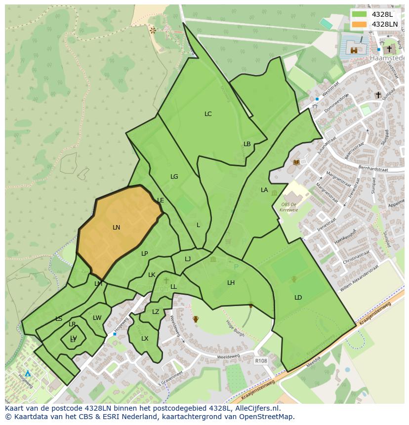 Afbeelding van het postcodegebied 4328 LN op de kaart.