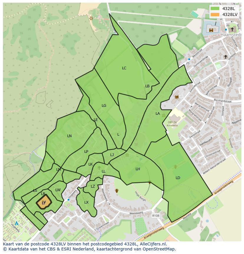 Afbeelding van het postcodegebied 4328 LV op de kaart.