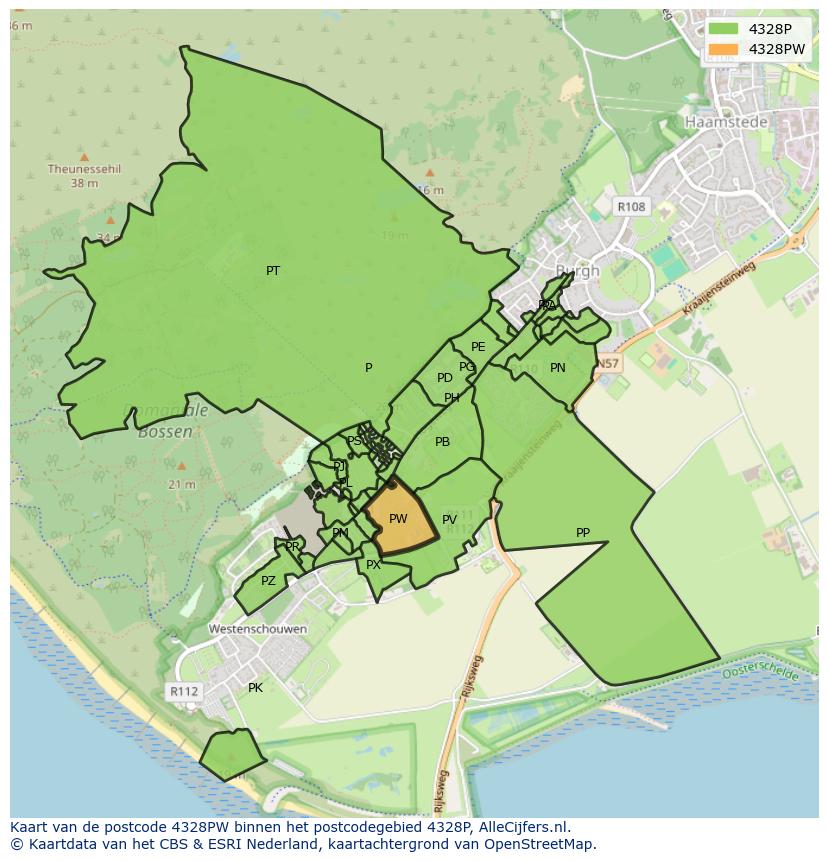 Afbeelding van het postcodegebied 4328 PW op de kaart.