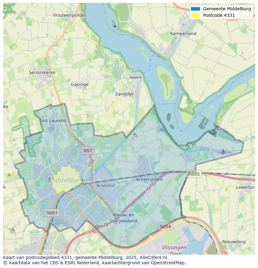 Afbeelding van het postcodegebied 4331 op de kaart.