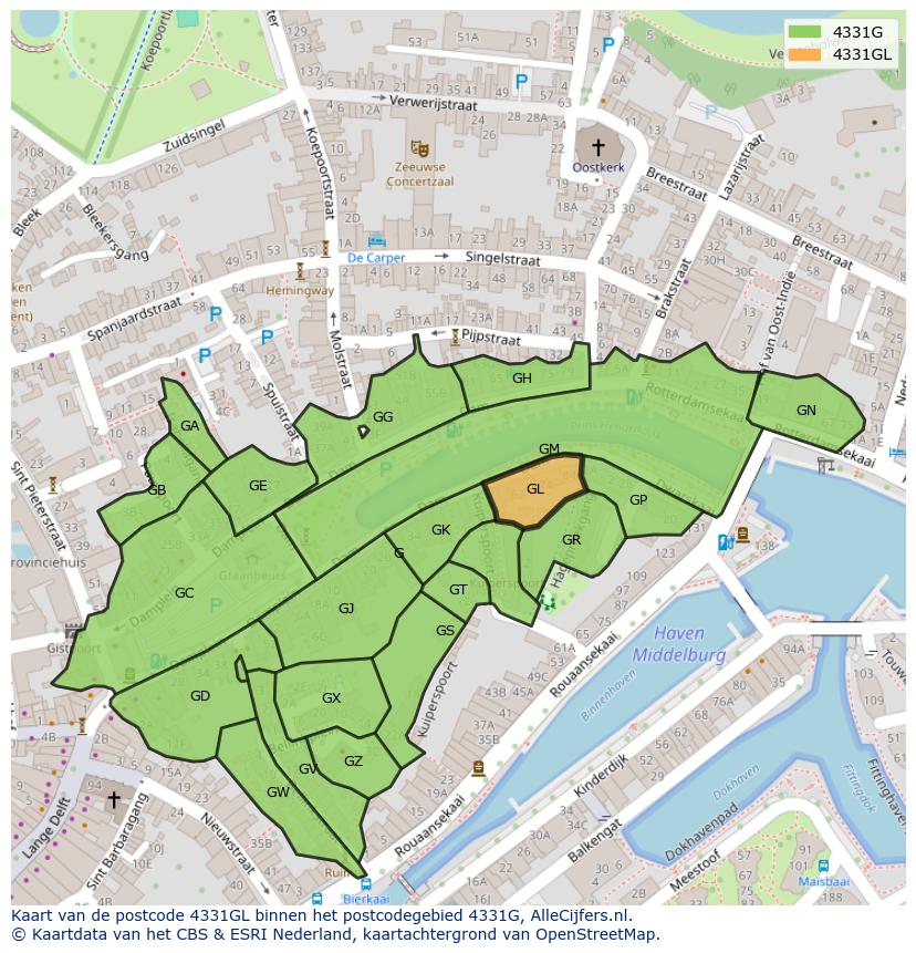 Afbeelding van het postcodegebied 4331 GL op de kaart.